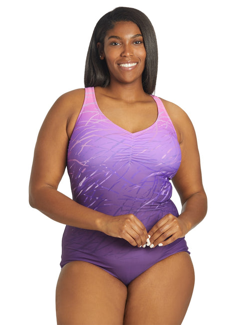 Sporti Plus Size Conservative Printed Ombre Girl Leg One Piece Swimsuit