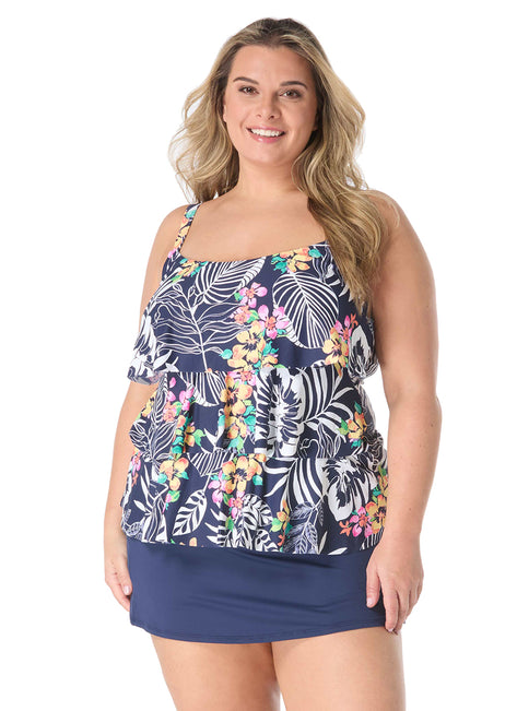 Beach House Women's Plus Size Indigo Jungle Jane Ruffle Tankini Top