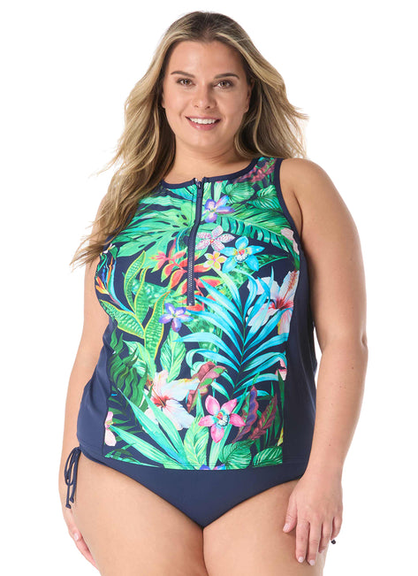 Beach House Women's Plus Size Tropic Paradise Racer Zip Front Tankini Top