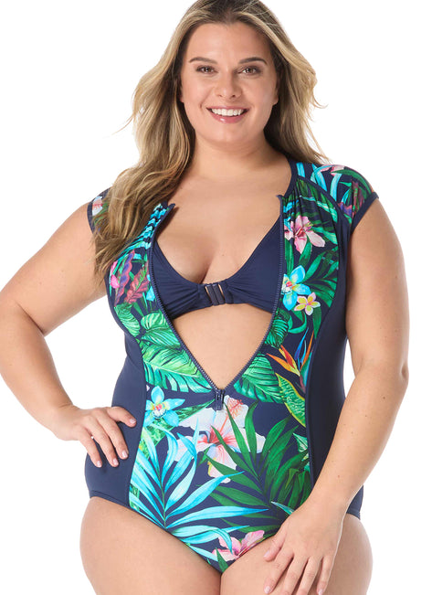 Beach House Women's Plus Size Tropic Paradise Endurance Zip Front