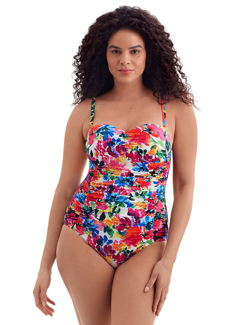 Longitude Women's Blooming Bouquet Shirred Sweetheart Tank Long Torso One Piece Swimsuit