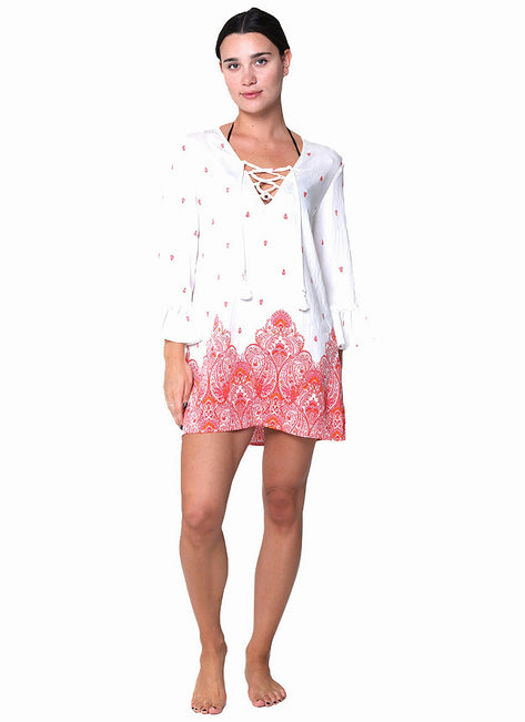 J.Valdi Women's Corsica Ruffle Sleeve Lace Neck Tunic Cover Up