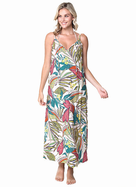J.Valdi Women's Funky Palm Strappy Tie Front Maxi Cover Up Dress