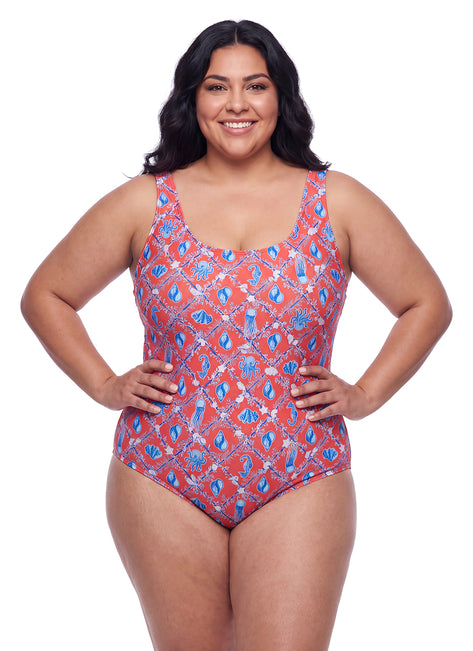 Sporti Plus Size HydroLast Coastal Regatta Chlorine Resistant Moderate Scoop Back One Piece Swimsuit