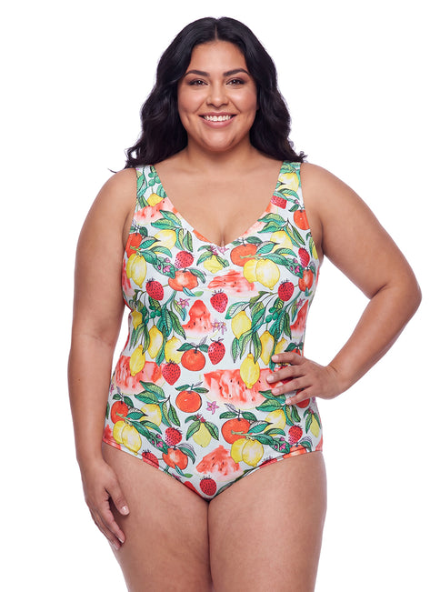 Sporti Plus Size Riviera Picnic Conservative Printed Girl Leg One Piece Swimsuit