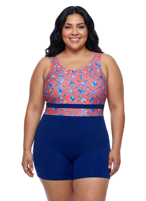 Sporti Plus Size HydroLast Coastal Regatta Chlorine Resistant Scoop Back Unitard One Piece Swimsuit