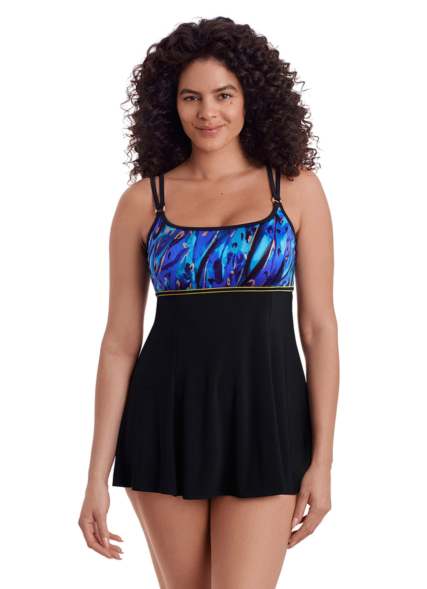 Longitude Women's Long Torso Gilded Panthera Empire Princess Seam Swim Dress - Purple/Blue