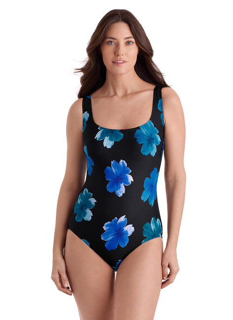 Longitude Women's Long Torso Tossed Flowers Butterfly Cross Back Tank One Piece Swimsuit