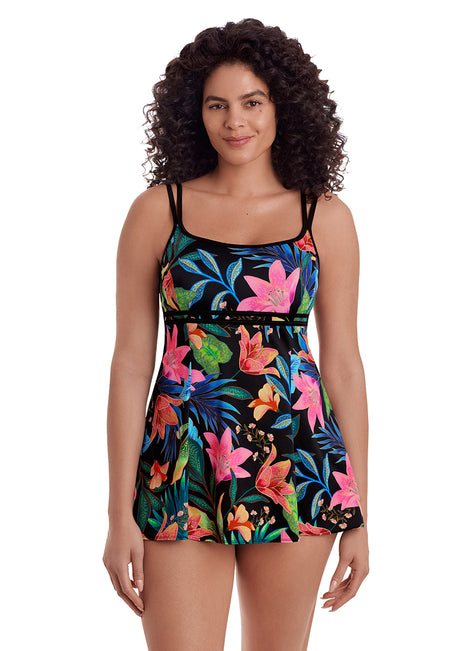 Longitude Women's Mighnight Plumeria Empire Princess Seam Swim Dress