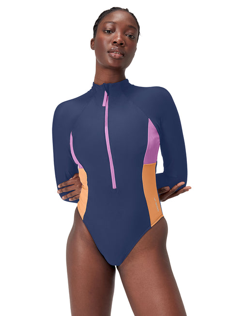 Speedo Women's Hydraline Long Sleeve Zip Colorblock One Piece Swimsuit