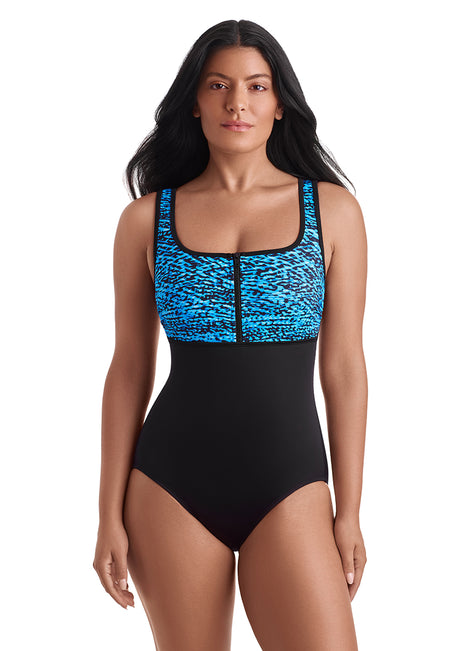 Shape Solver SPORT Shape Solver Sport Women's Wild Waves Scoopneck Zipper Tank One Piece Swimsuit