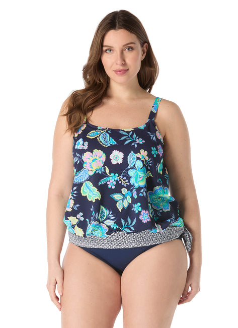 Beach House Women's Plus Size Diamond Meadows Pique Sarah Blouson Tankini Top