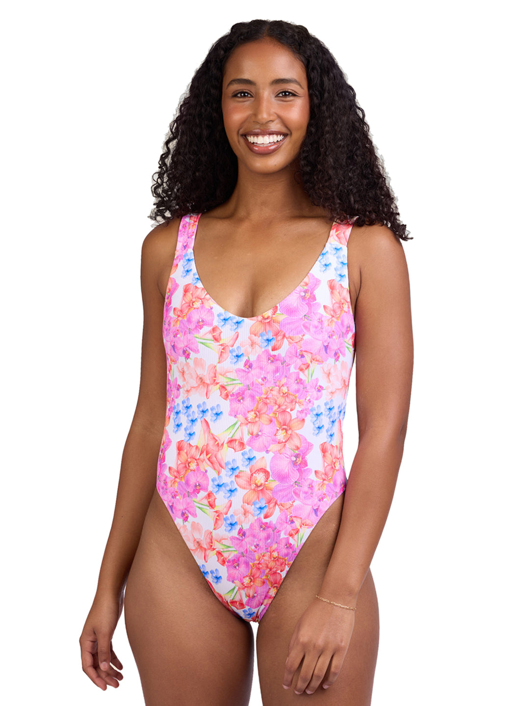 JOLYN Women's Jiro Orchids Rib Tie-Back One Piece Swimsuit at