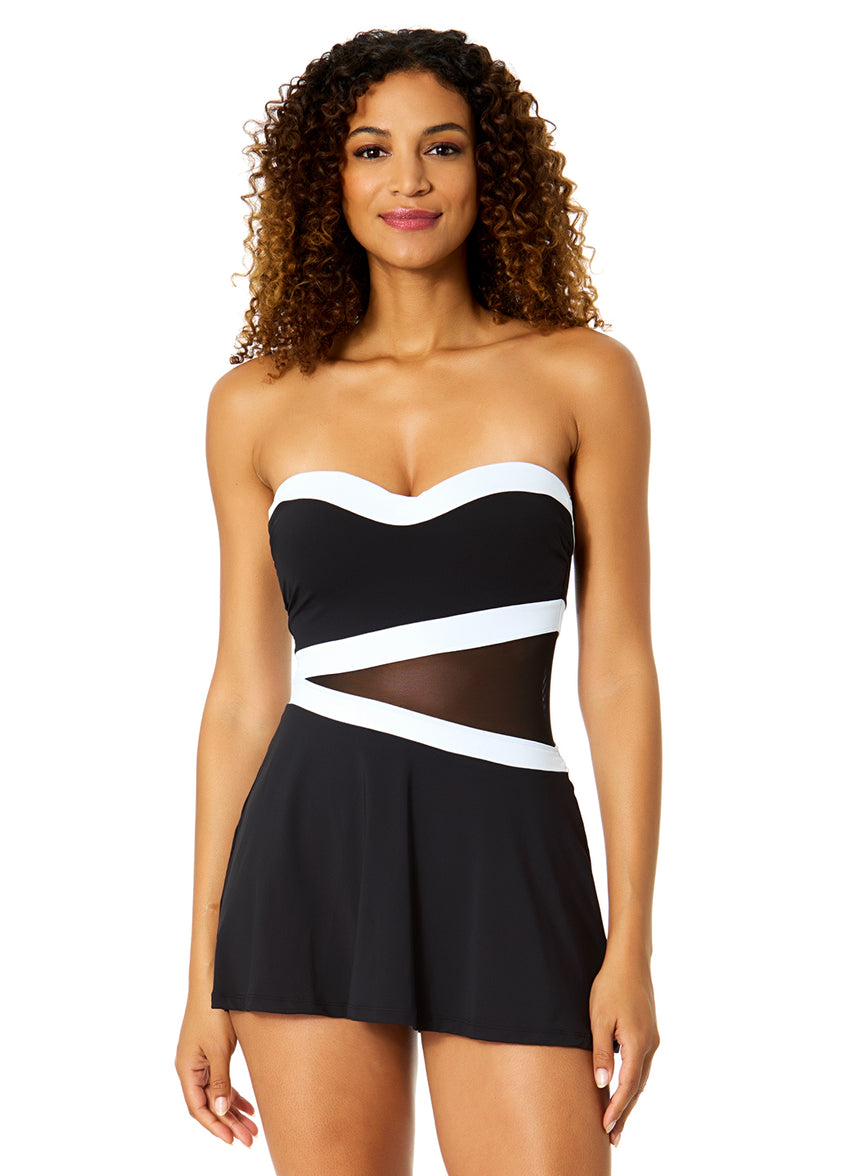 Anne Cole Women's Gabor Mesh Paneled Strapless Mesh Swim Dress - Black/White