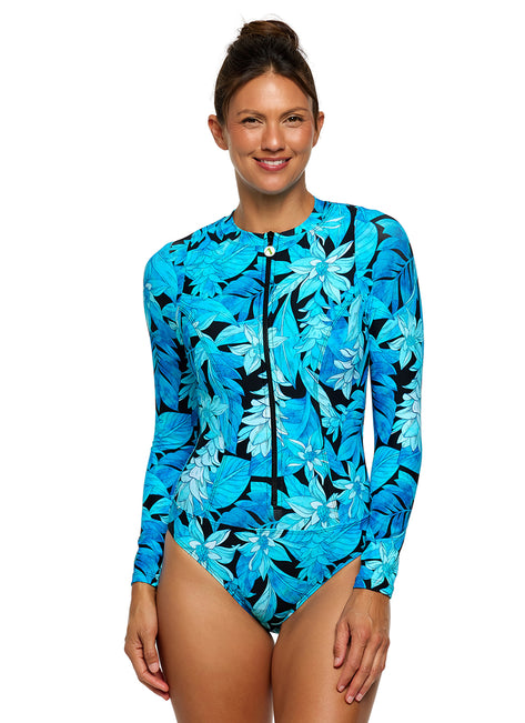 Next by Athena Women's Midnight Bloom Long Sleeve Zip Front One Piece Swimsuit
