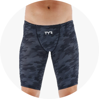 Men's black and gray camouflage swim jammers with a snug fit, ideal for competitive swimming. The jammers feature a front logo and extend to the mid-thigh.