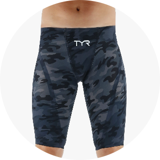 Men's camouflage swim jammers with a snug fit, designed for competitive swimming. Features a dark camo pattern and mid-thigh length for optimal performance.
