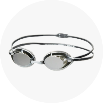 Silver mirrored swim goggles with adjustable double straps, designed for competitive swimming. Ideal for reducing glare and providing a clear underwater view.