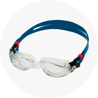 Clear swimming goggles with a blue adjustable strap and red accents, ideal for competitive and recreational swimmers. Features anti-fog lenses and a comfortable fit for optimal underwater visibility.