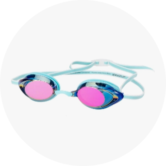 A pair of blue swimming goggles with pink-tinted lenses and an adjustable strap. Ideal for competitive and recreational swimmers looking for high-performance swim gear.