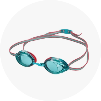 Aqua blue swimming goggles with a red and blue adjustable strap, designed for competitive and recreational swimming. Ideal for clear underwater vision and a comfortable fit.