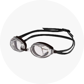Clear swimming goggles with black adjustable straps, suitable for competitive and recreational swimmers. Ideal for enhancing underwater visibility and protecting eyes in the pool.