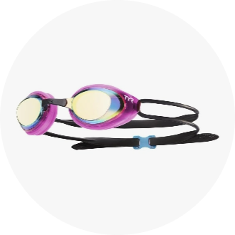 Swimming goggles with a sleek black strap and vibrant pink and blue lenses, designed for competitive and recreational swimmers. Ideal for enhancing underwater visibility and comfort during swim sessions.