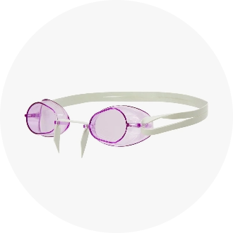 Purple swimming goggles with clear lenses and a white strap, designed for competitive and recreational swimming. Ideal for enhancing underwater visibility and comfort during swim sessions.