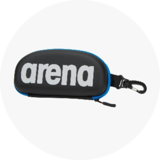 Black and blue zippered swim goggle case with a clip, featuring the word "arena" in large white letters. Ideal for protecting swim goggles during travel.