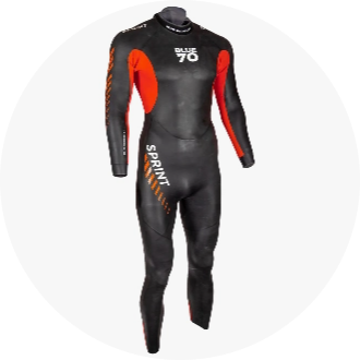 Black and red full-body wetsuit with the text "Sprint" and "Blue 70" on the chest and arm. Ideal for swimming and triathlon enthusiasts, offering enhanced flexibility and performance.