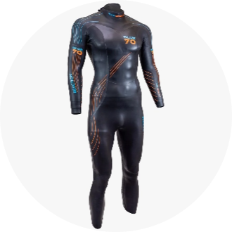 Black full-body wetsuit for swimming with orange and blue accents, featuring the number 70 on the chest and sleeves. Ideal for competitive swimmers and triathletes seeking enhanced performance and comfort.