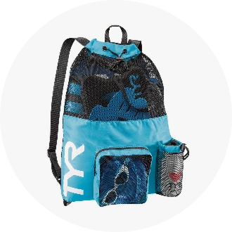 Blue mesh swim backpack with multiple compartments, including a front pocket and side pouch for water bottles. Ideal for carrying swim gear and accessories.
