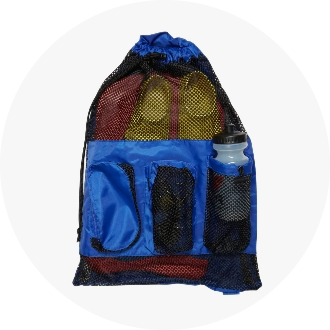 Blue mesh swim gear bag with multiple compartments, containing swim fins, a water bottle, and other swim accessories. Ideal for organizing and carrying swimming equipment.