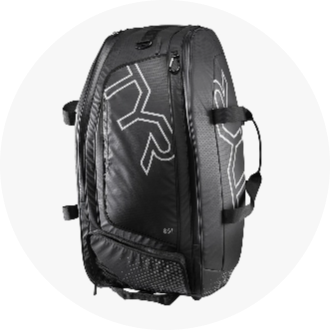 Black sports backpack with multiple compartments and ergonomic shoulder straps, featuring a sleek design and durable material. Ideal for swimmers and athletes to carry gear efficiently.