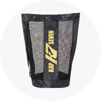 Black mesh swim gear bag with "Kap7" logo in yellow. Ideal for carrying swim equipment and accessories, featuring durable construction and breathable mesh panels.