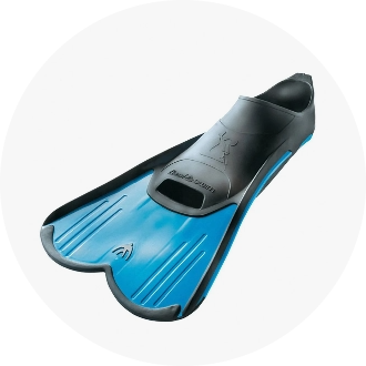 Blue and black swim training fin designed for enhanced swimming performance. Features a comfortable foot pocket and a hydrodynamic blade for improved propulsion. Ideal for competitive and recreational swimmers.