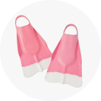 Pink and white swimming fins designed for enhanced performance in the water. Ideal for training and improving swimming techniques.