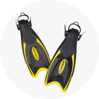 Pair of black and yellow swim fins designed for efficient swimming and diving. Adjustable straps ensure a secure fit. Ideal for enhancing swimming performance and training.