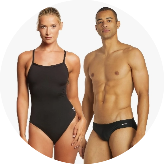 Male and female models wearing competitive swimwear. The woman is in a black one-piece swimsuit, and the man is in black swim briefs.