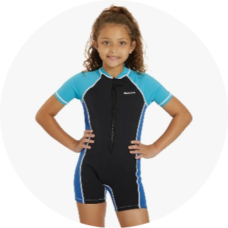 Child wearing a short-sleeve black and blue wetsuit with front zipper. The wetsuit is designed for swimming and water activities, offering comfort and flexibility.