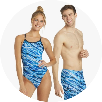 Two models showcasing blue water-patterned swimwear. The female model is wearing a one-piece swimsuit, while the male model is in swim trunks. Ideal for competitive swimming and training.