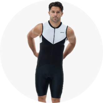 Man wearing a black and white sleeveless triathlon suit with a front zipper, designed for competitive swimming and cycling. The suit features a streamlined fit for enhanced performance.