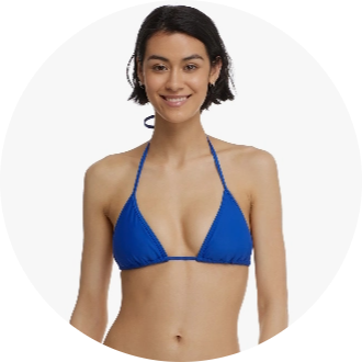 Woman wearing a blue triangle bikini top with halter neck straps. Ideal swimwear for competitive swimming or leisure at the beach.