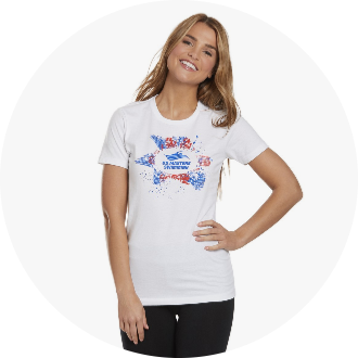 Woman wearing a white T-shirt with a colorful U.S. Masters Swimming logo design. The T-shirt features a vibrant graphic with red and blue splashes, perfect for swimming enthusiasts.