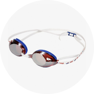 Reflective swim goggles with a white strap and blue accents, perfect for competitive and recreational swimming. Ideal for enhancing underwater visibility and reducing glare.