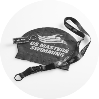Black U.S. Masters Swimming swim cap and lanyard with attached keychain. Swim cap features the U.S. Masters Swimming logo and water droplets.