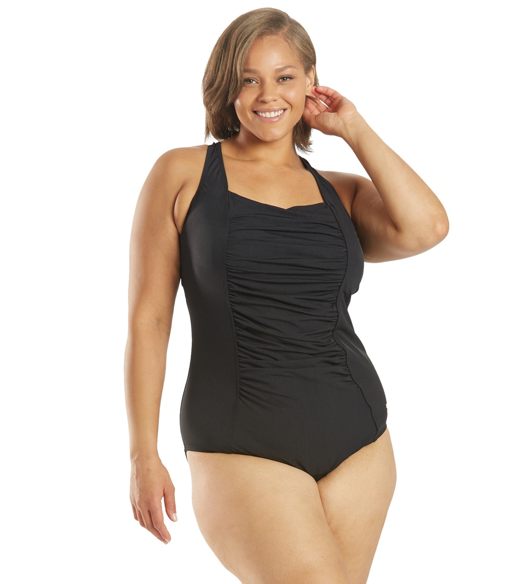 Speedo Women's Plus Solid Shirred Tank One Piece Swimsuit at