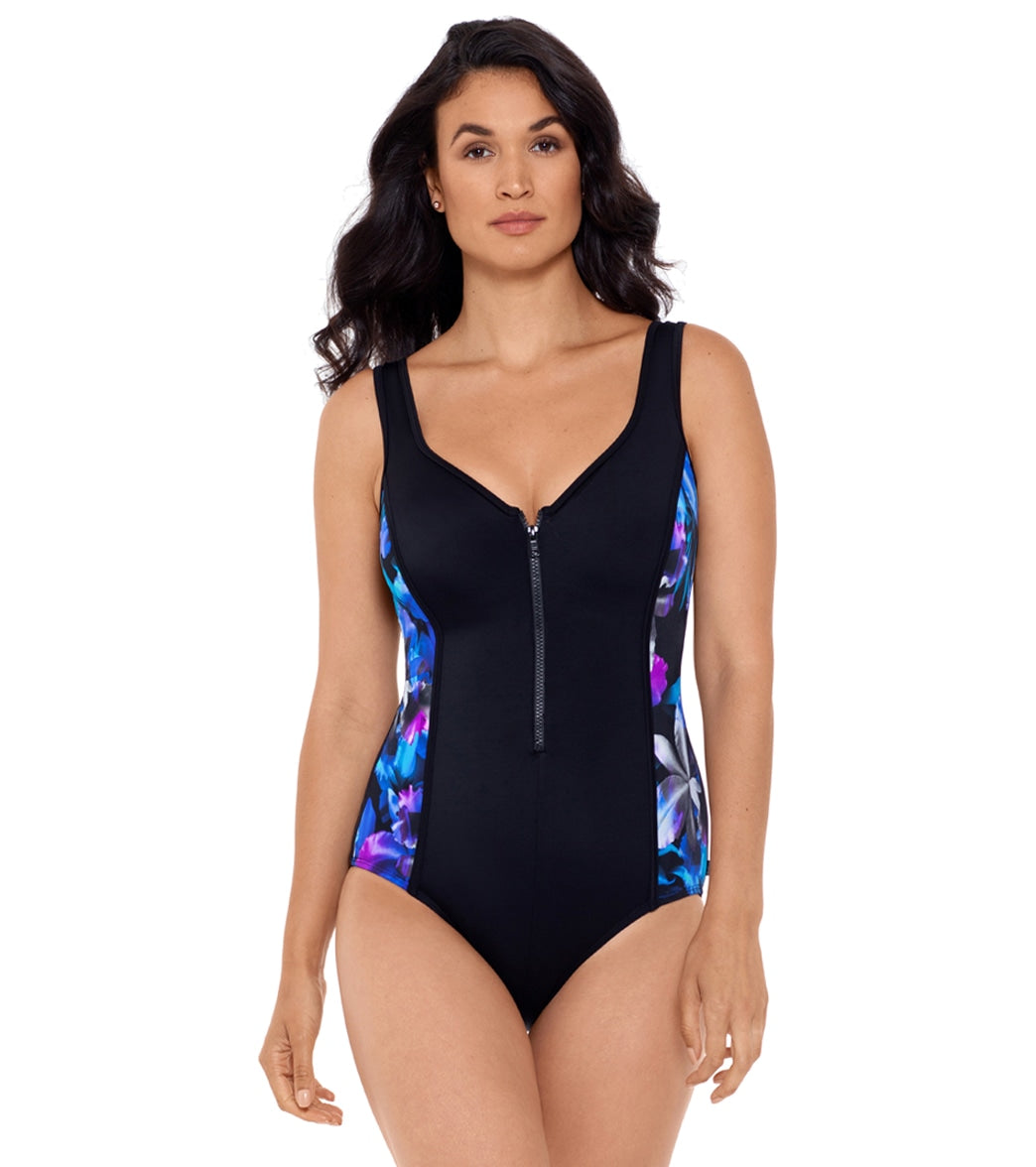 Reebok Womens Graphic Layers Zipper Tank Chlorine Resistant One Piece Swimsuit