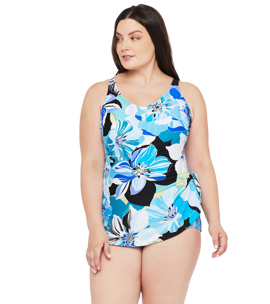 Maxine Plus Size Retro Floral Wide Strap Sarong One Piece Swimsuit
