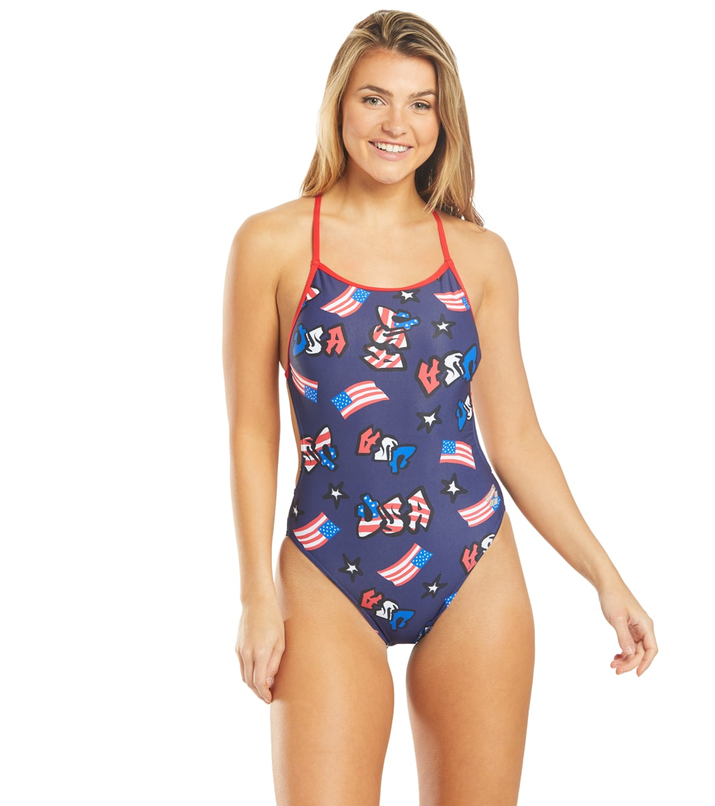 Arena Womens Graffiti USA Booster Back One Piece Swimsuit at SwimOutlet